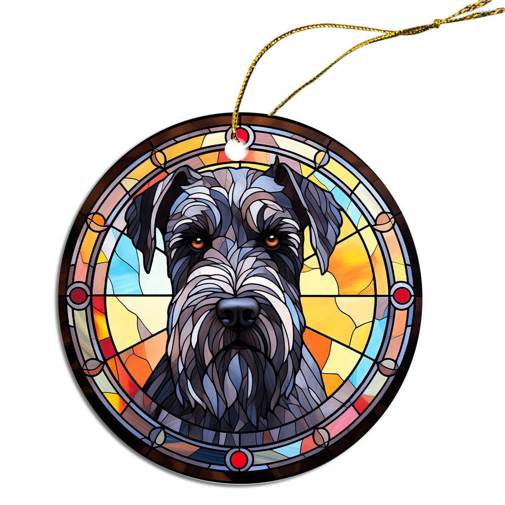 A beautiful stained glass style Christmas ornament featuring a Schnauzer design, made of durable ceramic with a golden string.