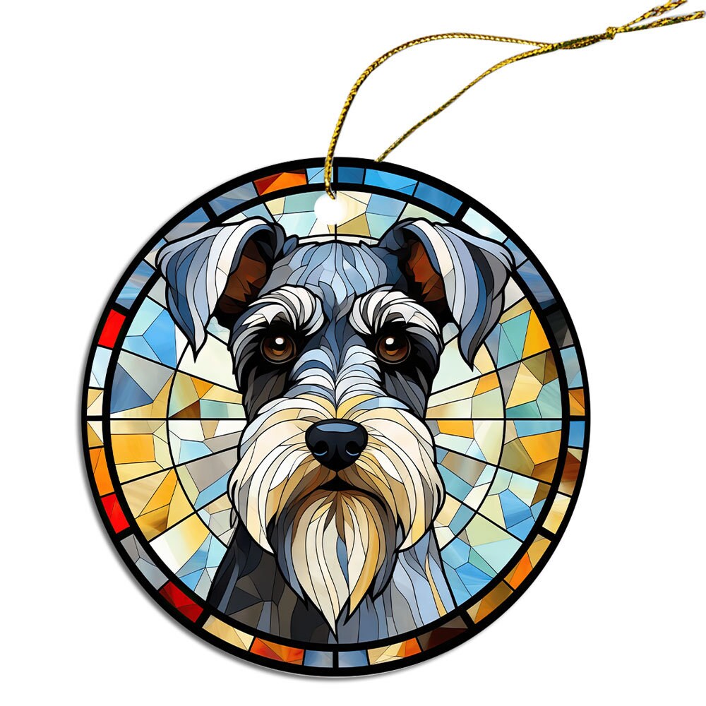 A beautiful stained glass style Christmas ornament featuring a Schnauzer design, made of durable ceramic with a golden string.