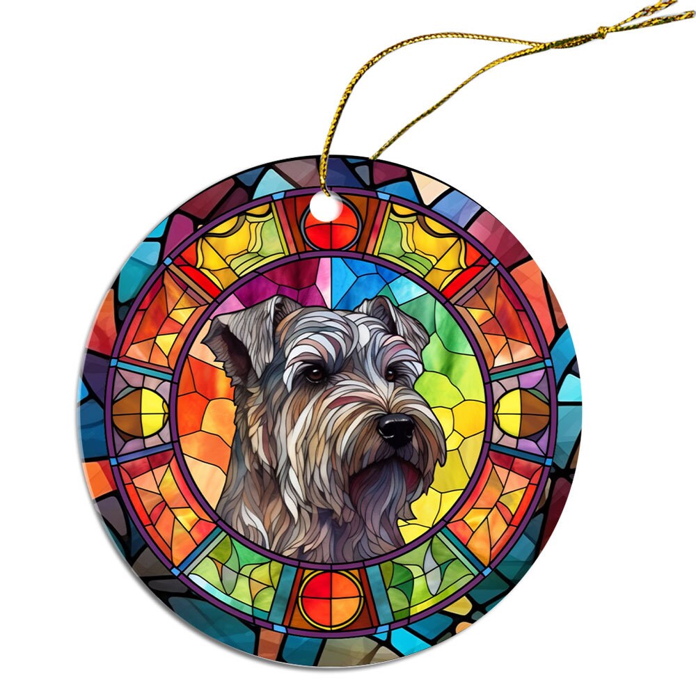 A beautiful stained glass style Christmas ornament featuring a Schnauzer design, made of durable ceramic with a golden string.