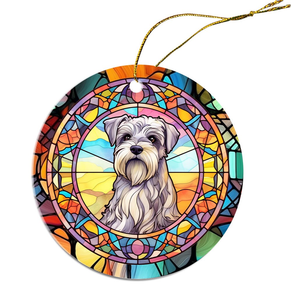 A beautiful stained glass style Christmas ornament featuring a Schnauzer design, made of durable ceramic with a golden string.