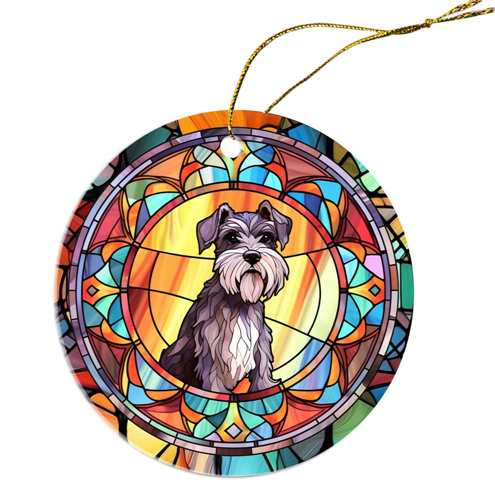 A beautiful stained glass style Christmas ornament featuring a Schnauzer design, made of durable ceramic with a golden string.