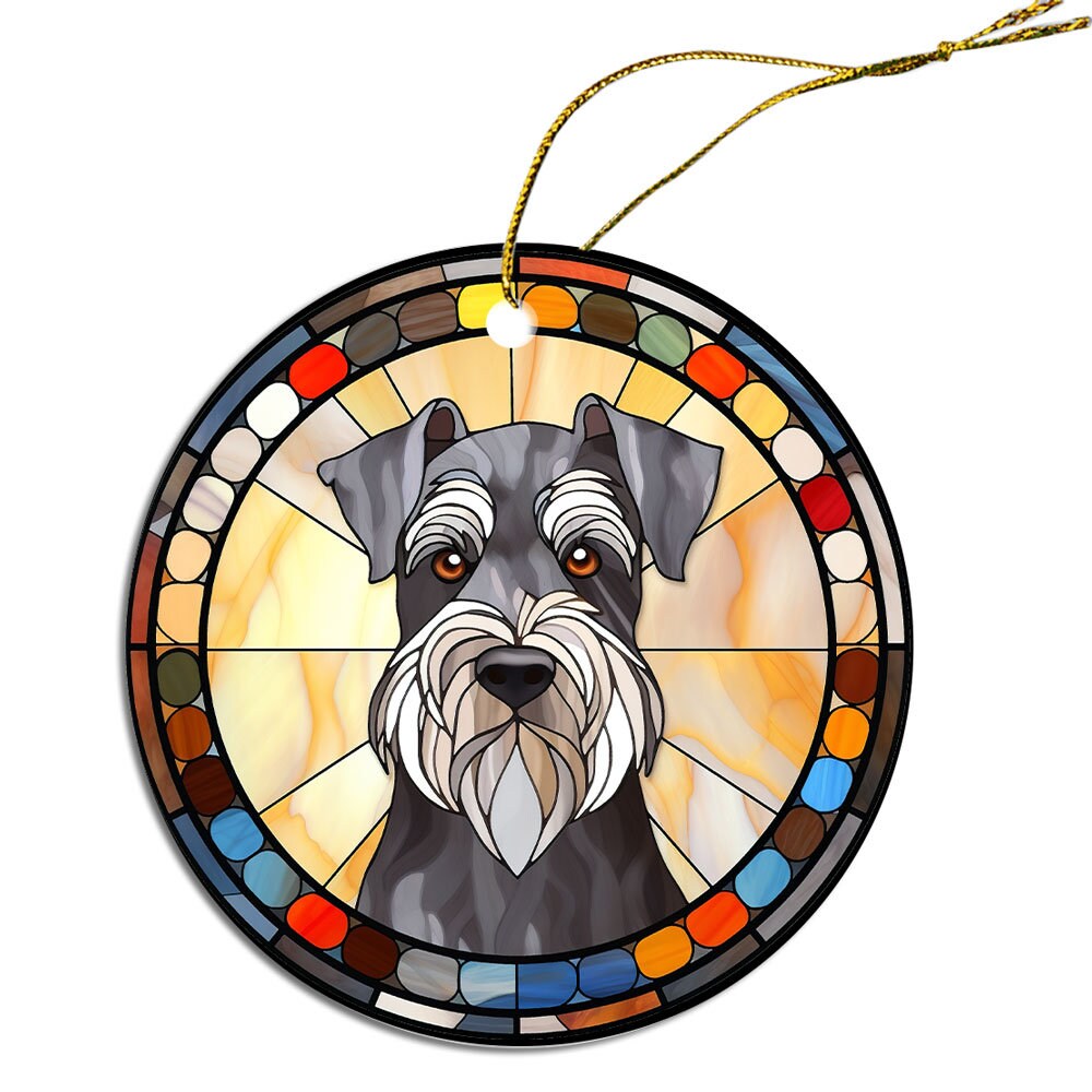 A beautiful stained glass style Christmas ornament featuring a Schnauzer design, made of durable ceramic with a golden string.