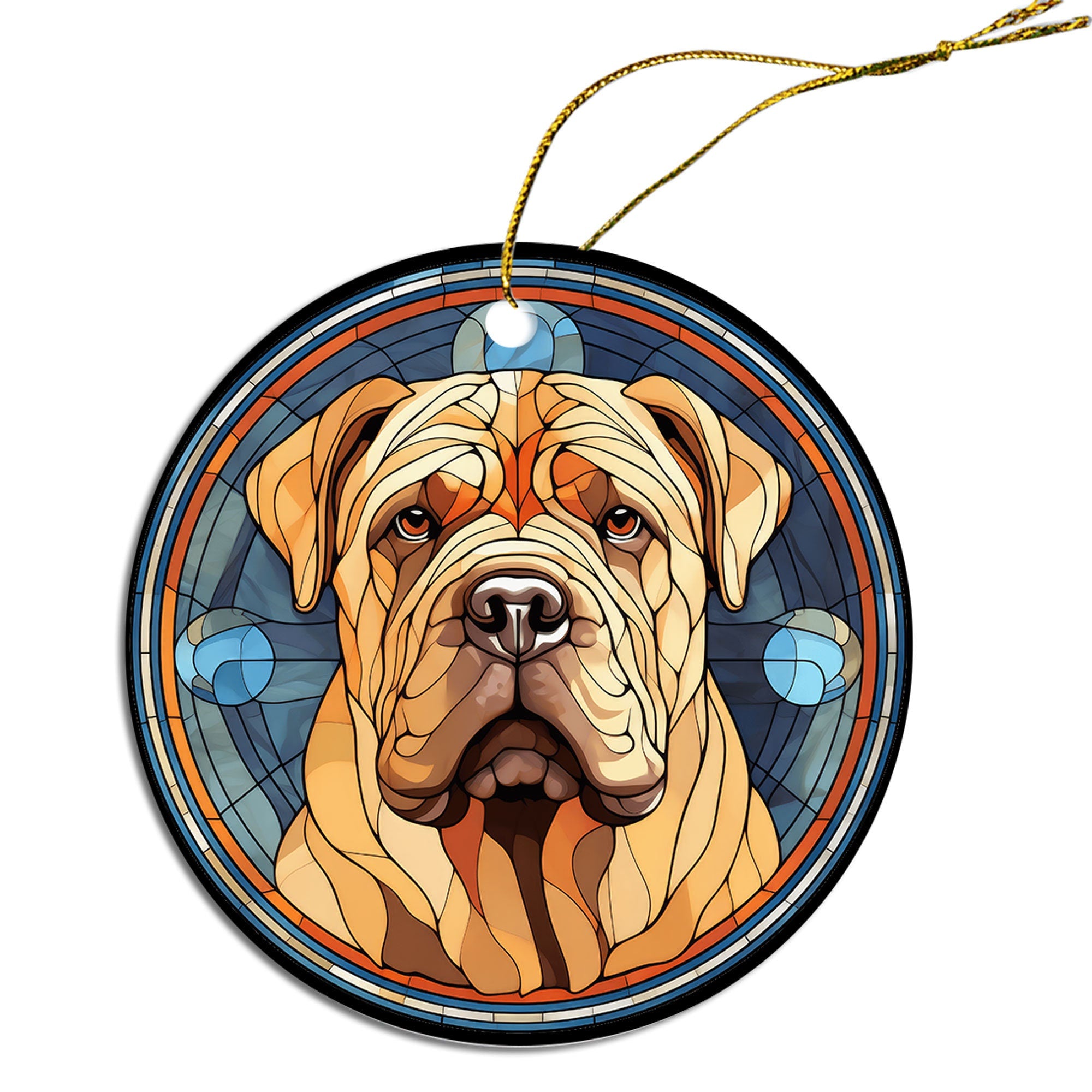 Stained glass style Christmas ornament featuring a Shar Pei dog, with a golden string for hanging.