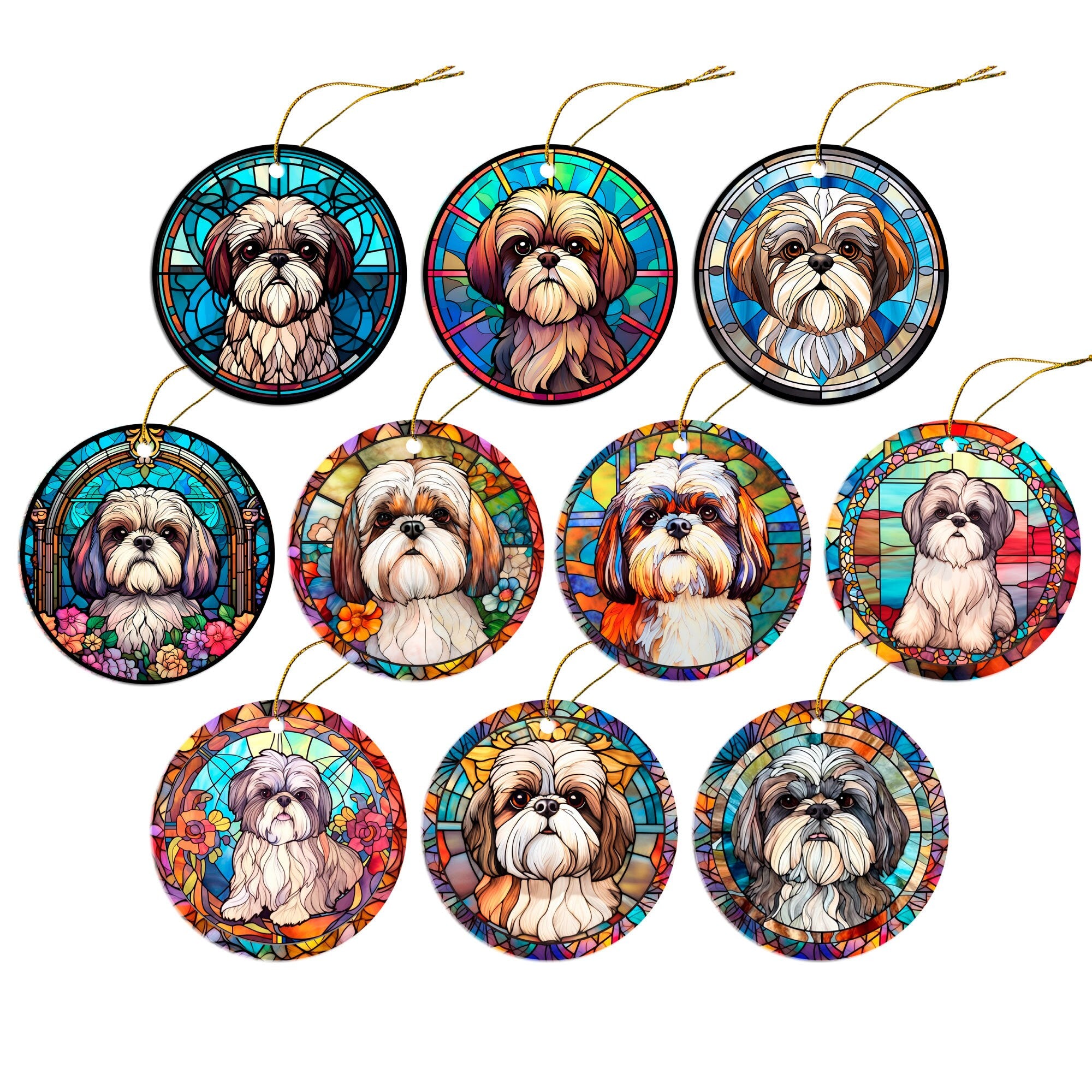 Stained glass style Christmas ornament featuring a Shih Tzu design, handmade ceramic with golden string.