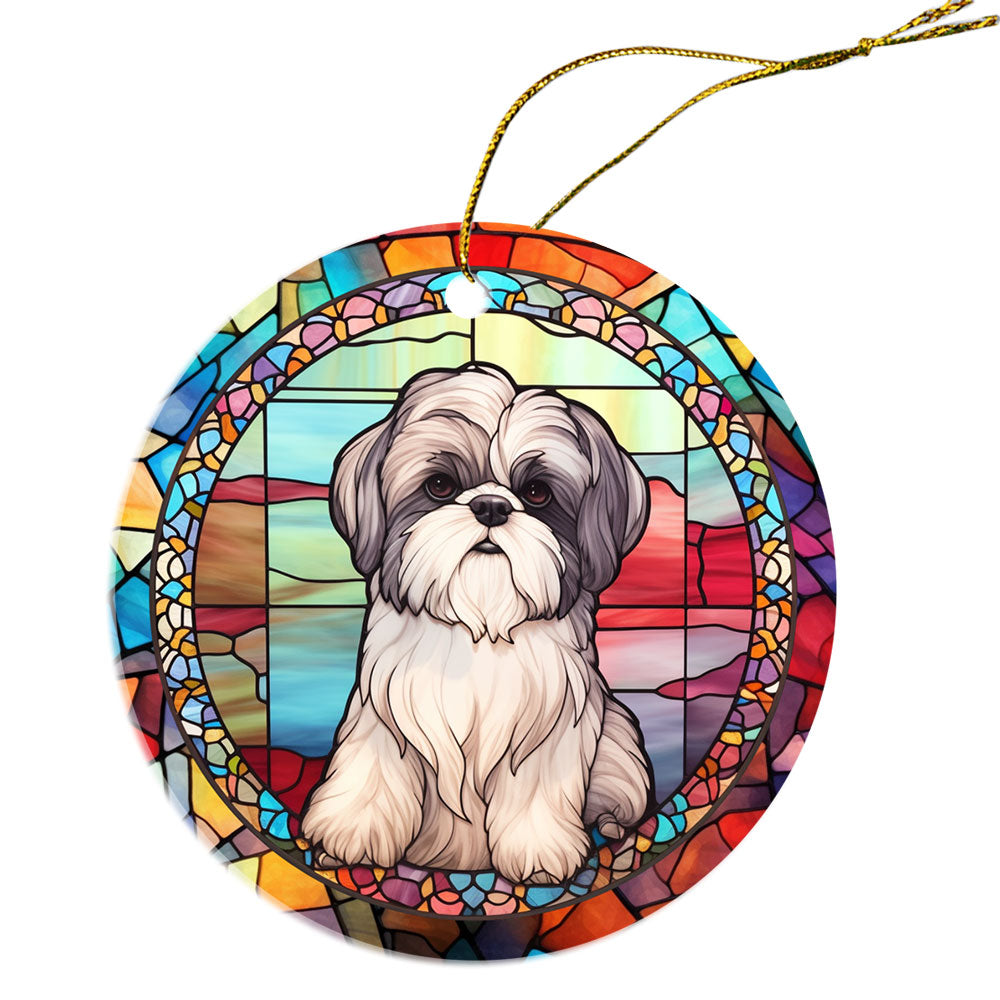 Stained glass style Christmas ornament featuring a Shih Tzu design, handmade ceramic with golden string.