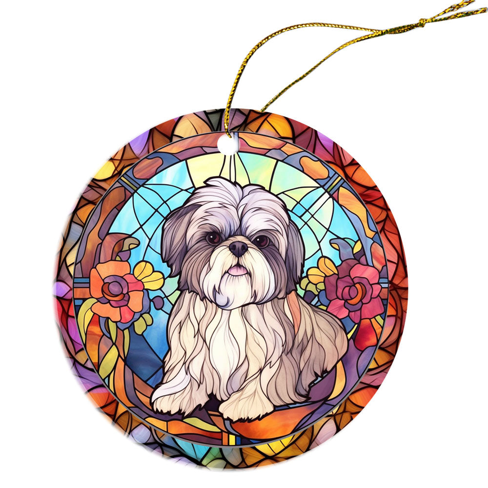 Stained glass style Christmas ornament featuring a Shih Tzu design, handmade ceramic with golden string.
