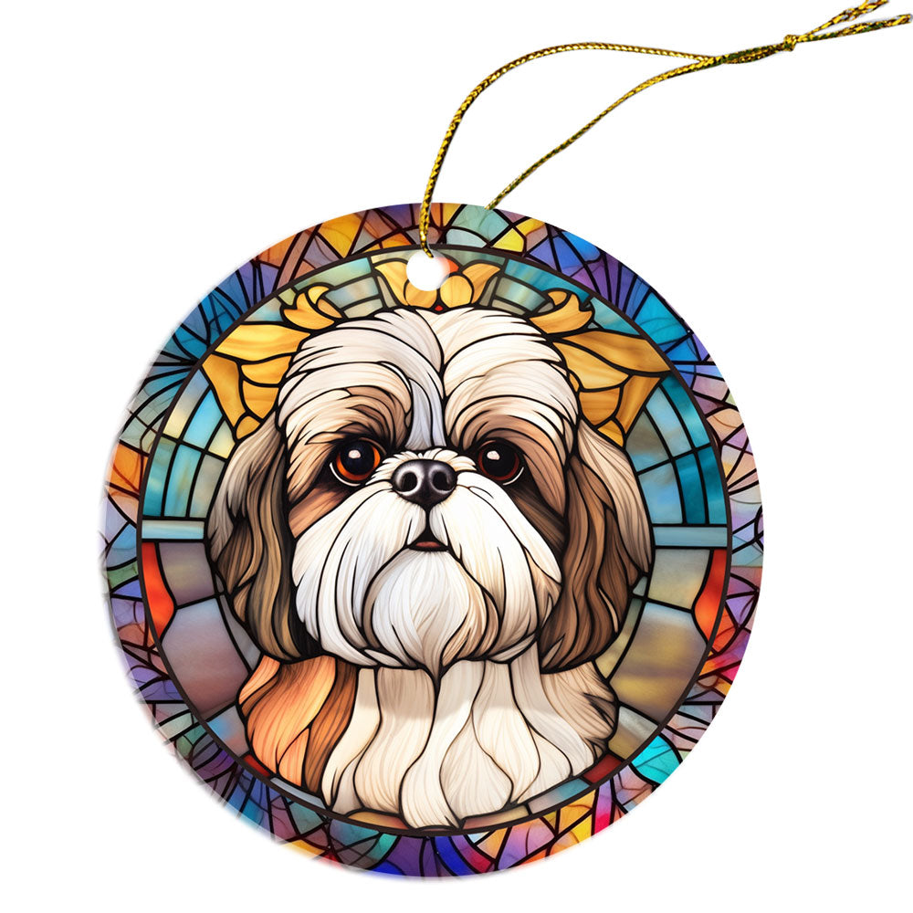Stained glass style Christmas ornament featuring a Shih Tzu design, handmade ceramic with golden string.