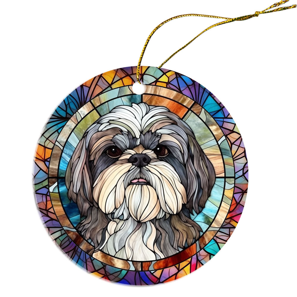 Stained glass style Christmas ornament featuring a Shih Tzu design, handmade ceramic with golden string.
