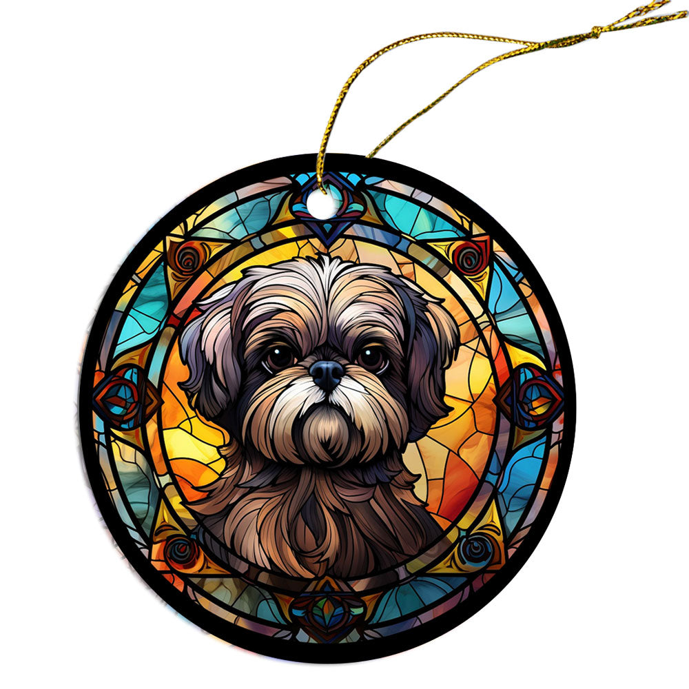 Stained glass style Christmas ornament featuring a Shih Tzu design, handmade ceramic with golden string.