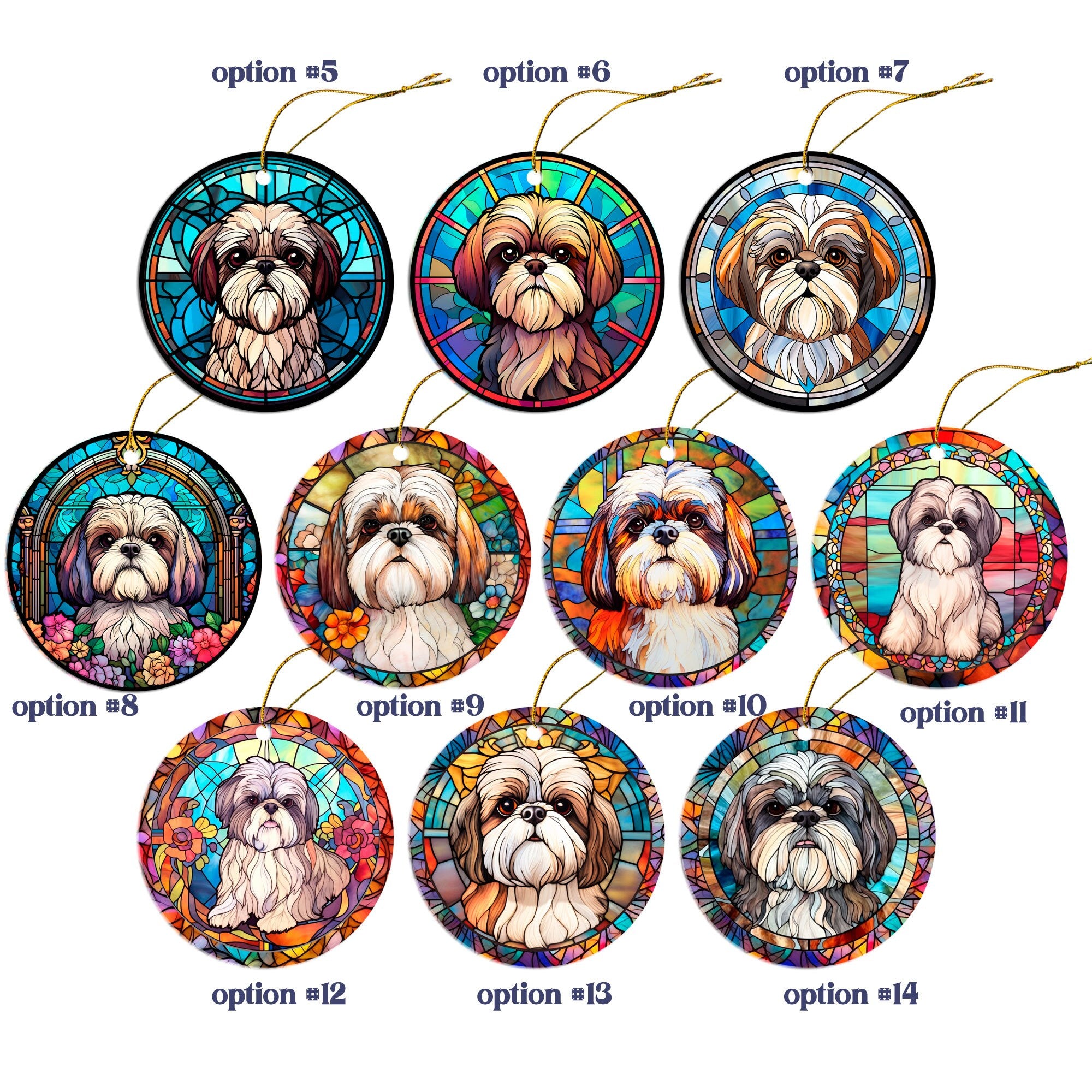 Stained glass style Christmas ornament featuring a Shih Tzu design, handmade ceramic with golden string.