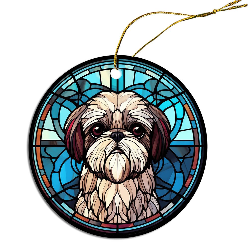 Stained glass style Christmas ornament featuring a Shih Tzu design, handmade ceramic with golden string.