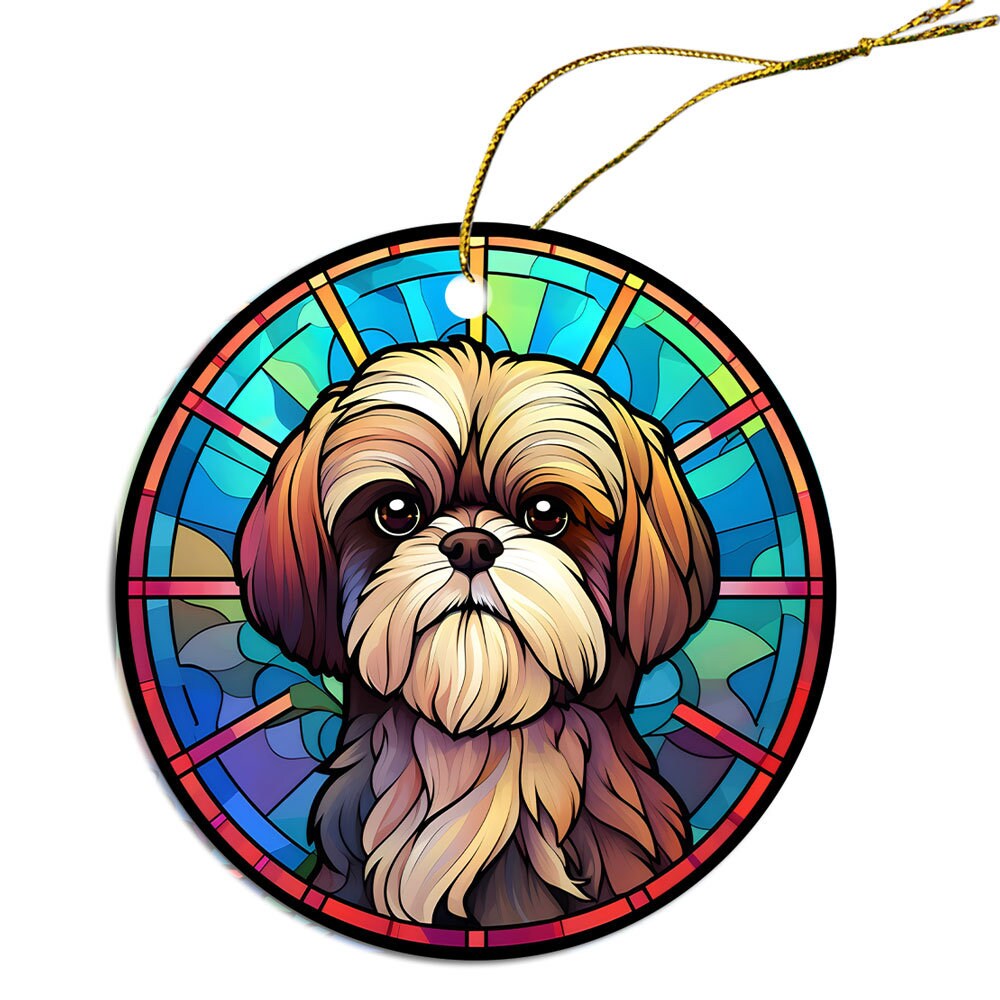 Stained glass style Christmas ornament featuring a Shih Tzu design, handmade ceramic with golden string.