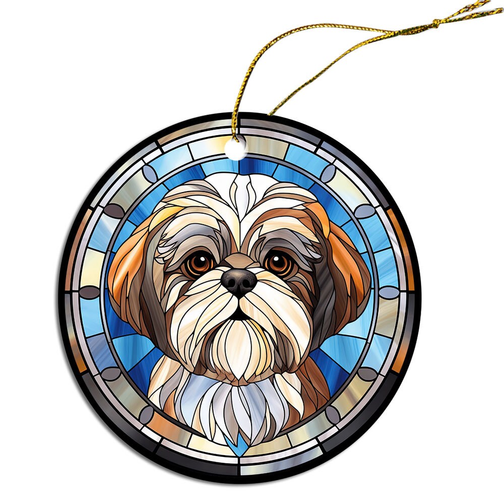 Stained glass style Christmas ornament featuring a Shih Tzu design, handmade ceramic with golden string.