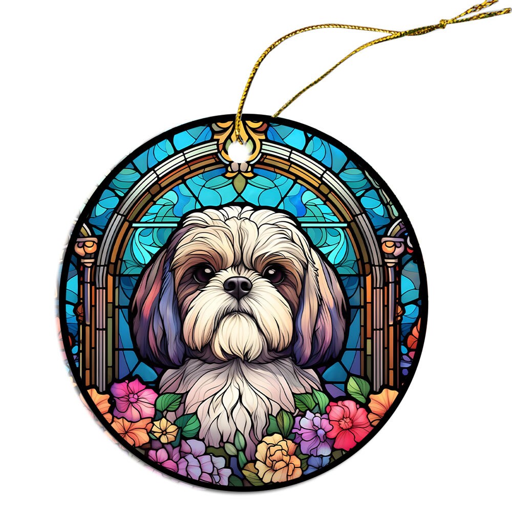 Stained glass style Christmas ornament featuring a Shih Tzu design, handmade ceramic with golden string.