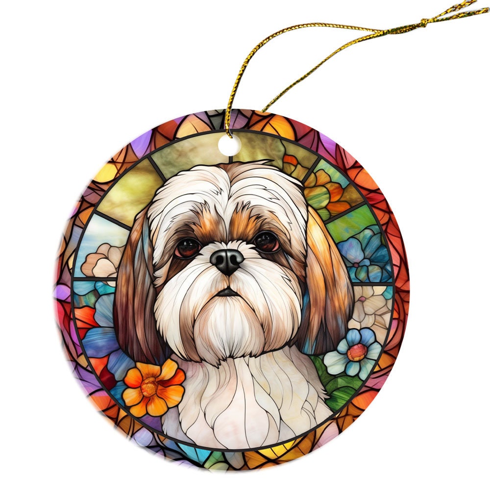 Stained glass style Christmas ornament featuring a Shih Tzu design, handmade ceramic with golden string.