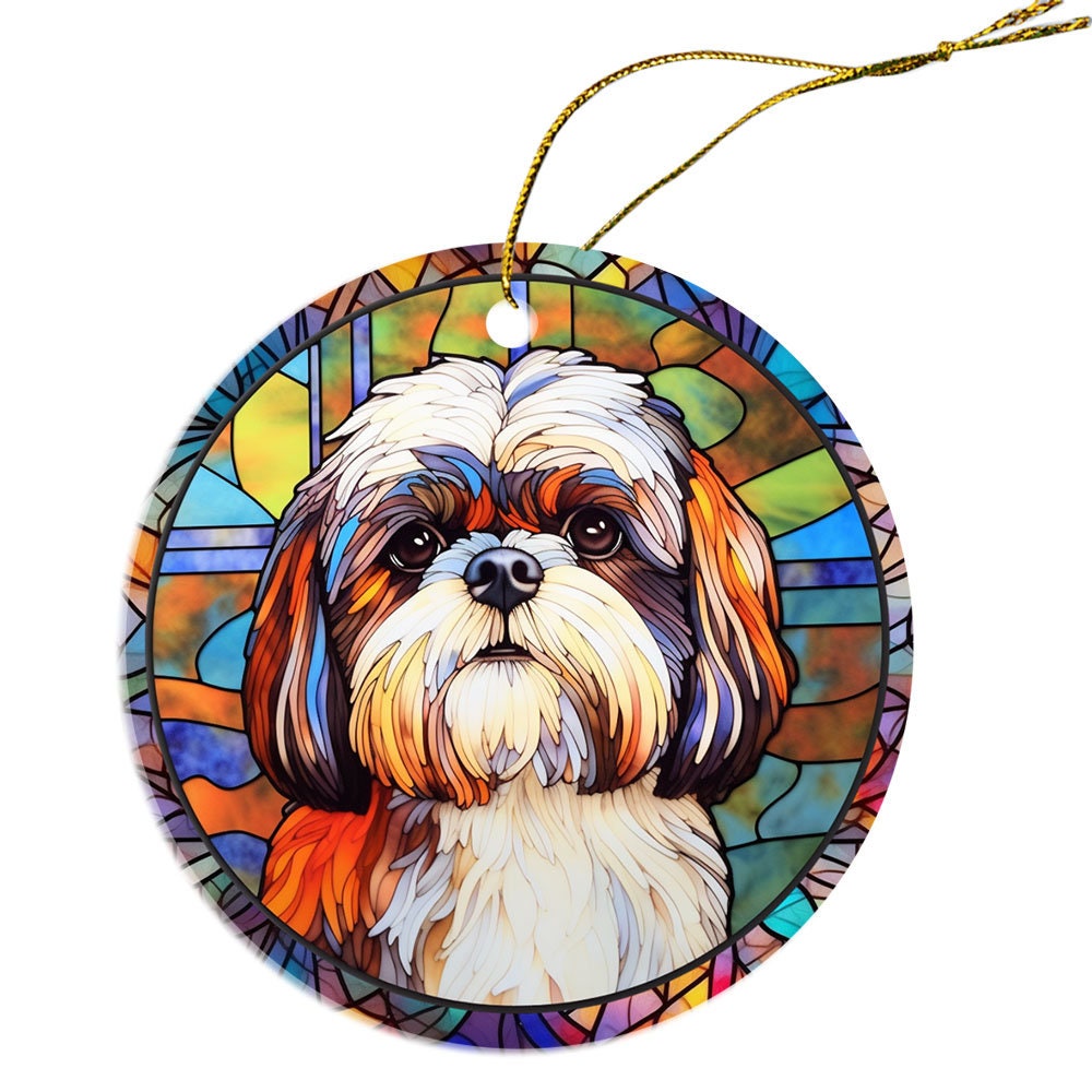 Stained glass style Christmas ornament featuring a Shih Tzu design, handmade ceramic with golden string.