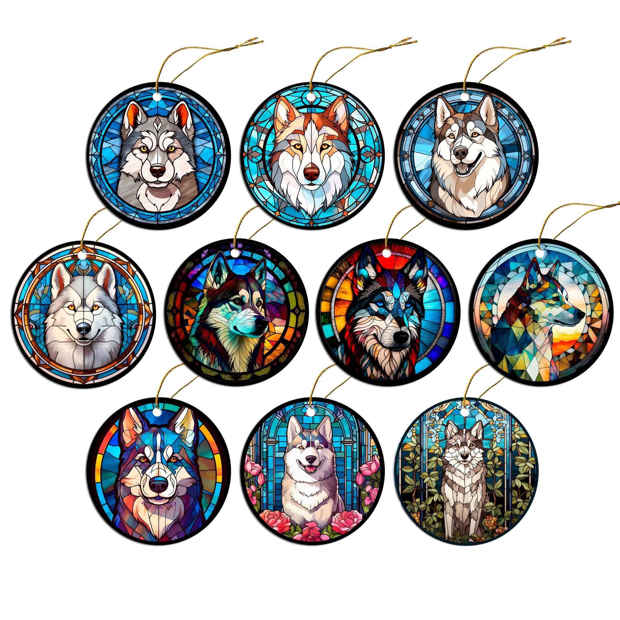 Siberian Husky stained glass style Christmas ornament, featuring a round ceramic design with vibrant colors and an elegant golden string.