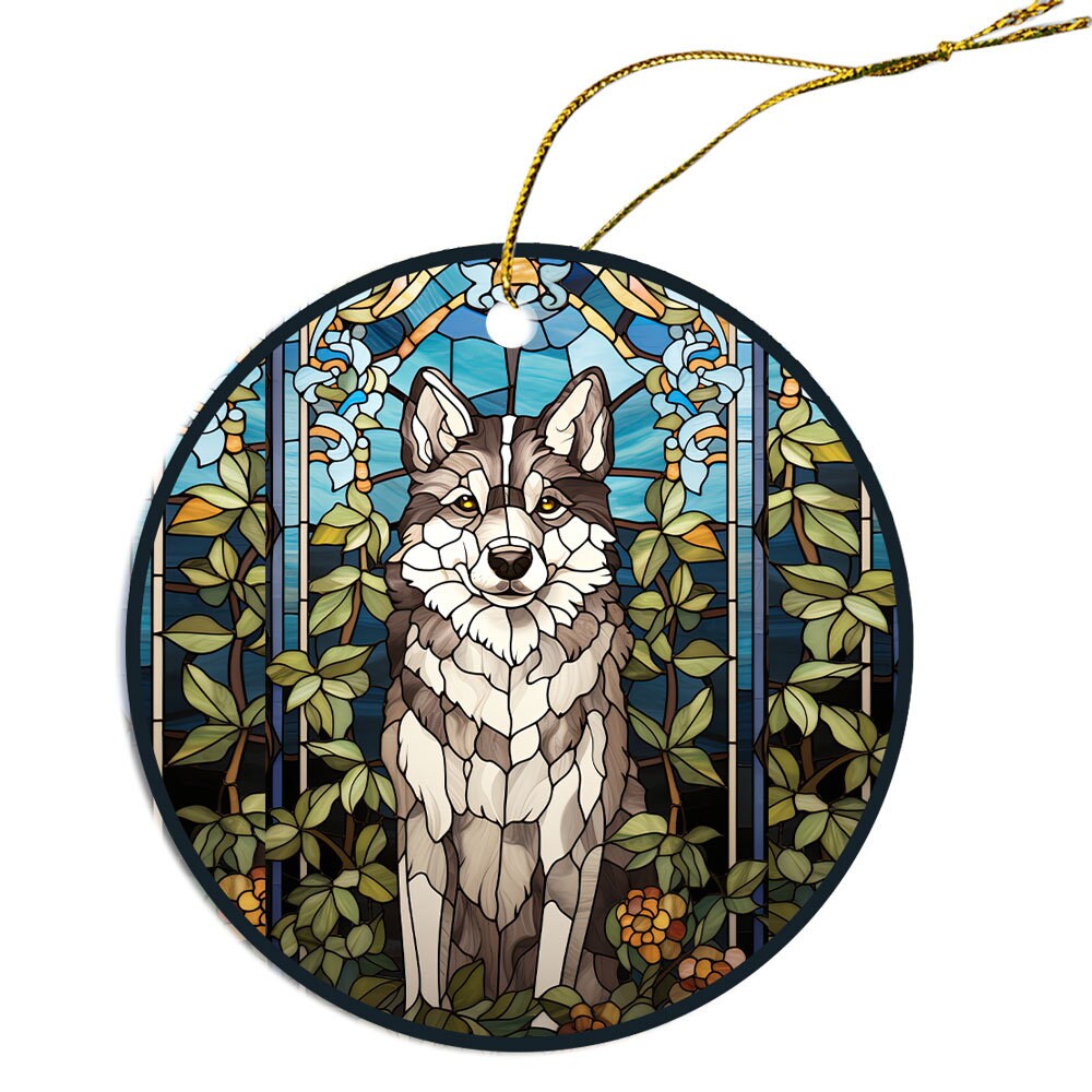 Siberian Husky stained glass style Christmas ornament, featuring a round ceramic design with vibrant colors and an elegant golden string.