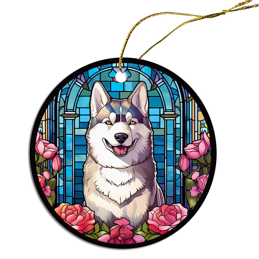 Siberian Husky stained glass style Christmas ornament, featuring a round ceramic design with vibrant colors and an elegant golden string.