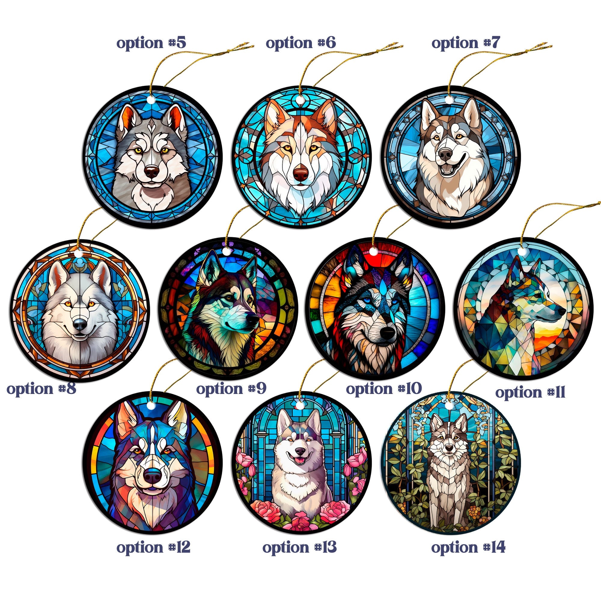 Siberian Husky stained glass style Christmas ornament, featuring a round ceramic design with vibrant colors and an elegant golden string.