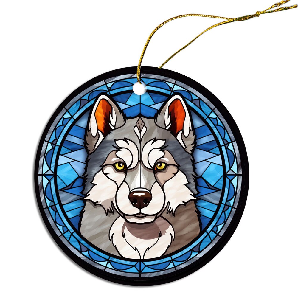 Siberian Husky stained glass style Christmas ornament, featuring a round ceramic design with vibrant colors and an elegant golden string.