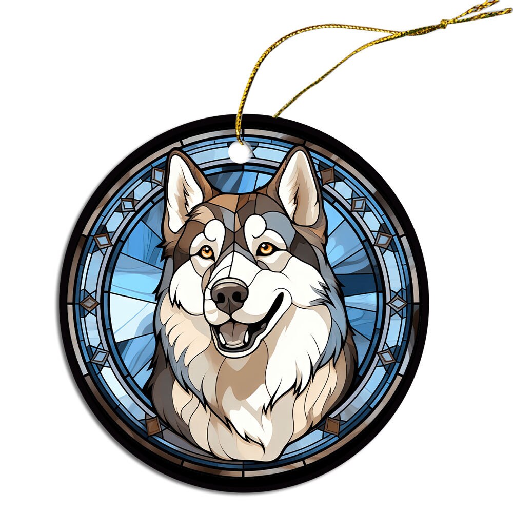 Siberian Husky stained glass style Christmas ornament, featuring a round ceramic design with vibrant colors and an elegant golden string.