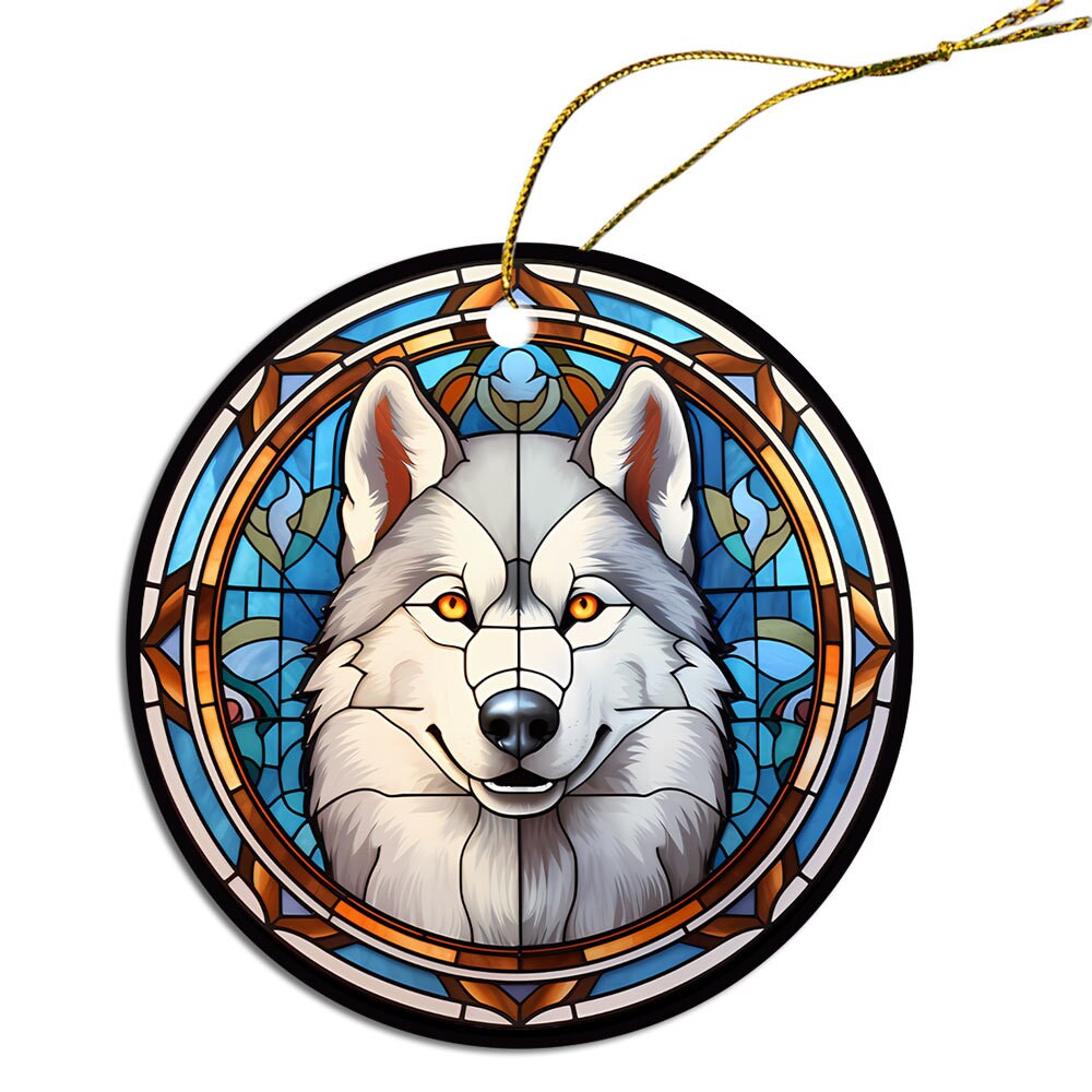 Siberian Husky stained glass style Christmas ornament, featuring a round ceramic design with vibrant colors and an elegant golden string.