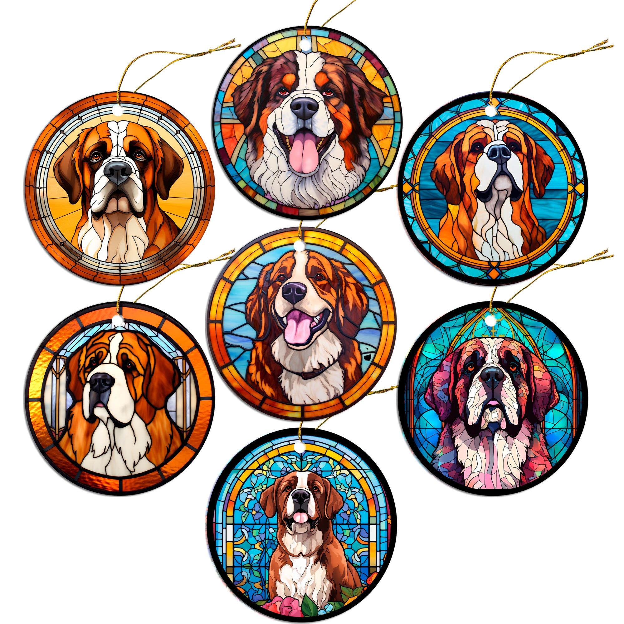 St. Bernard stained glass style Christmas ornament, round ceramic design with golden string.