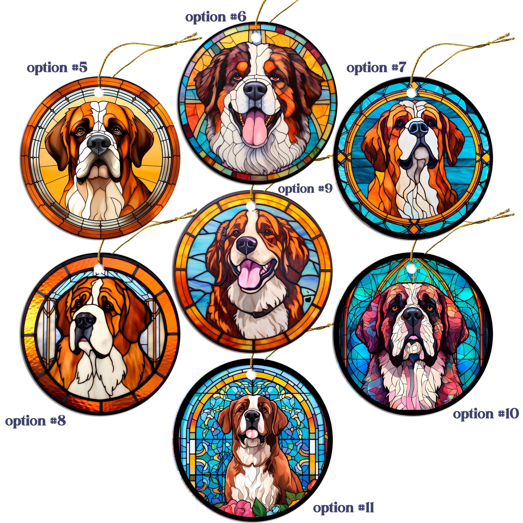 St. Bernard stained glass style Christmas ornament, round ceramic design with golden string.