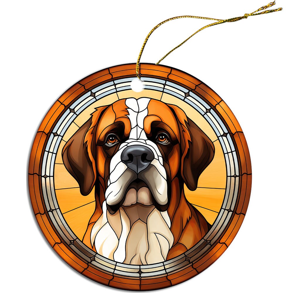 St. Bernard stained glass style Christmas ornament, round ceramic design with golden string.