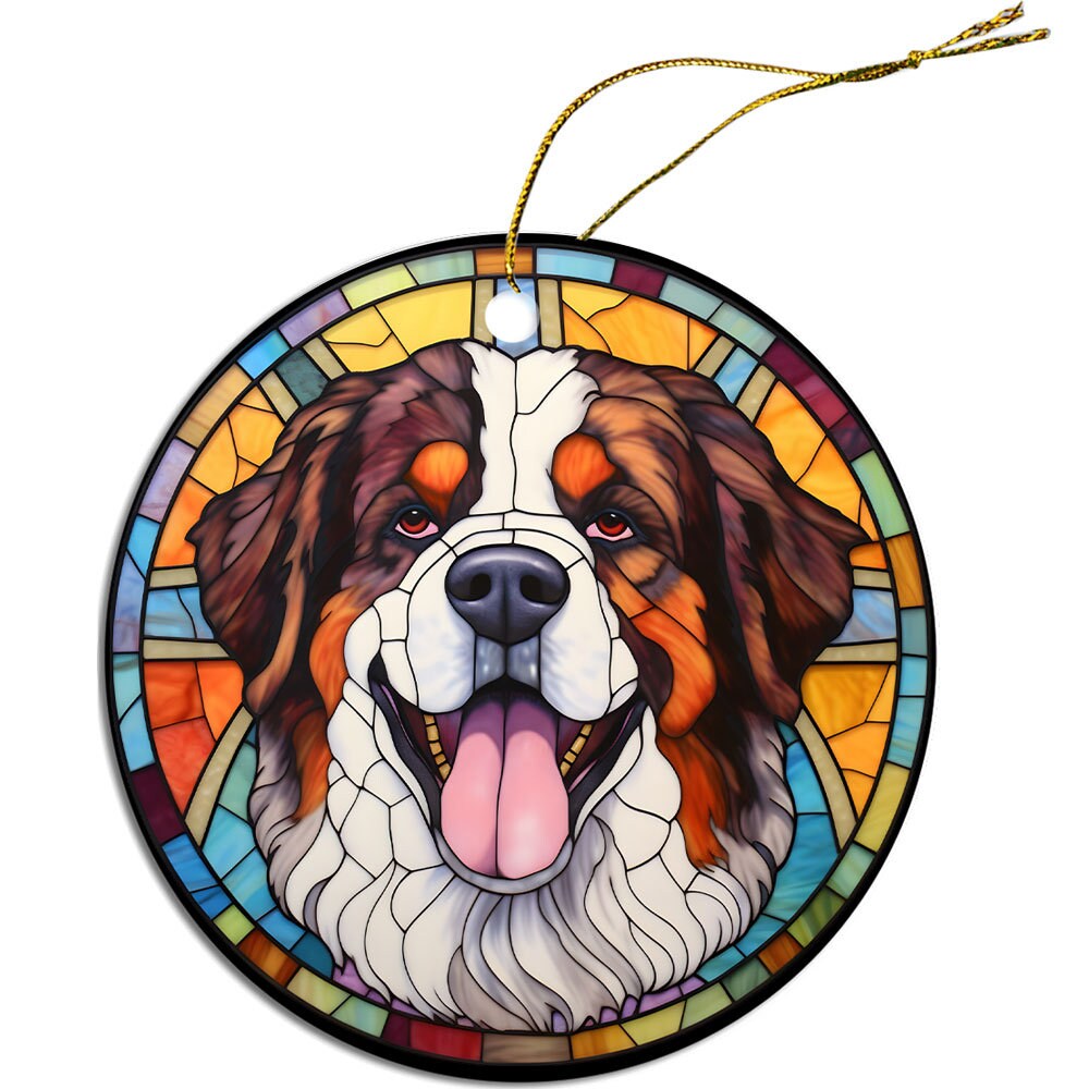 St. Bernard stained glass style Christmas ornament, round ceramic design with golden string.