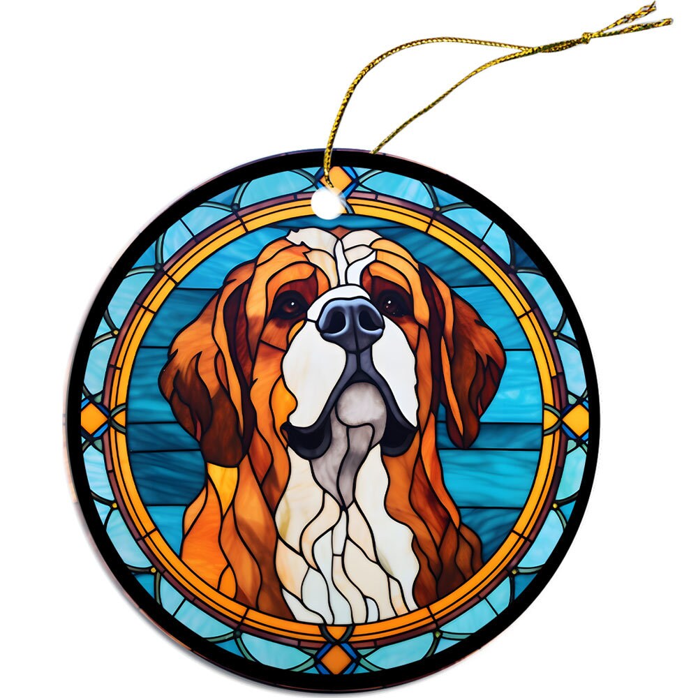 St. Bernard stained glass style Christmas ornament, round ceramic design with golden string.