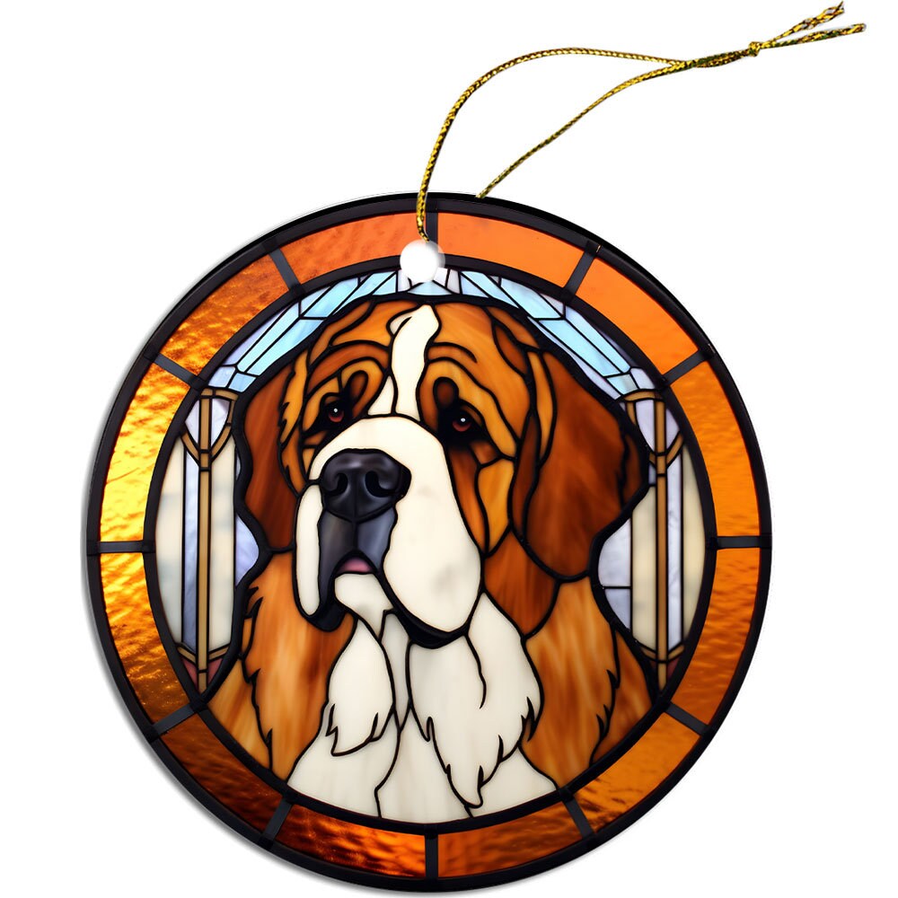 St. Bernard stained glass style Christmas ornament, round ceramic design with golden string.