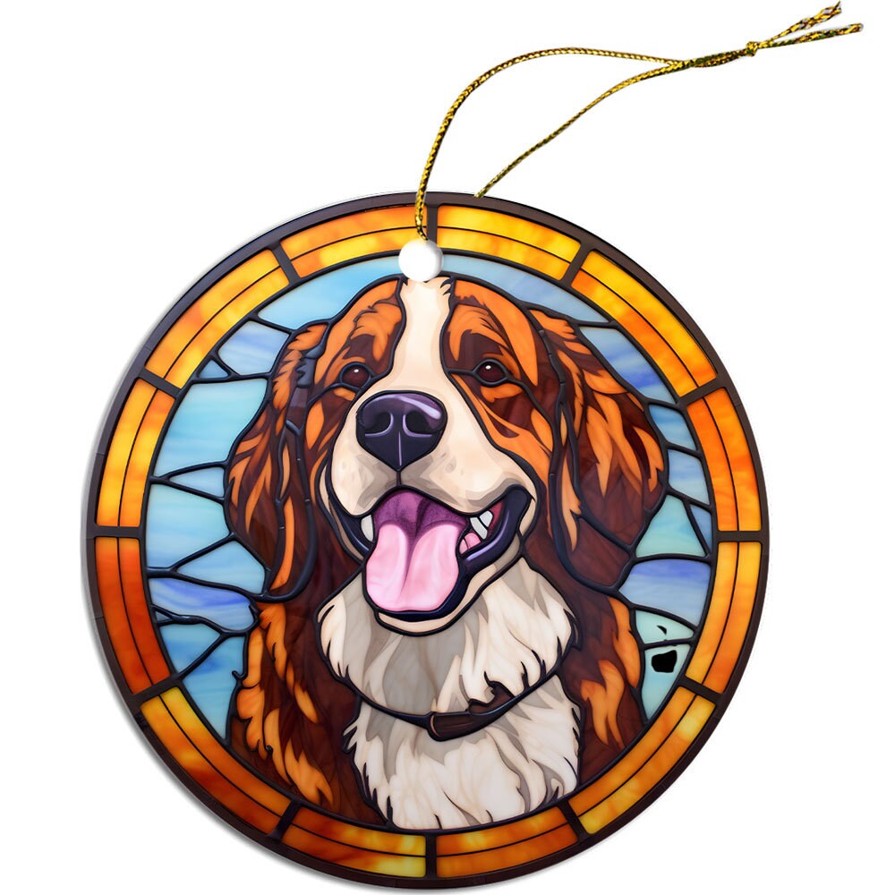 St. Bernard stained glass style Christmas ornament, round ceramic design with golden string.