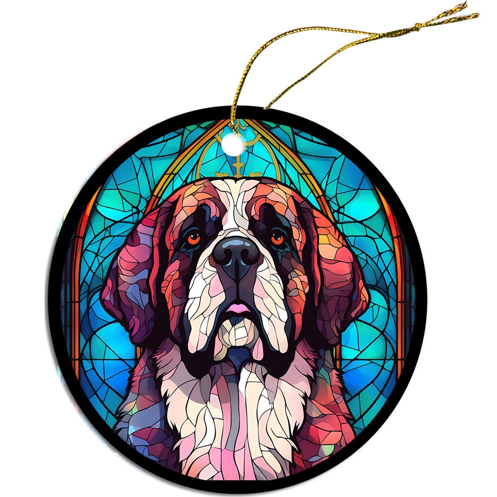St. Bernard stained glass style Christmas ornament, round ceramic design with golden string.
