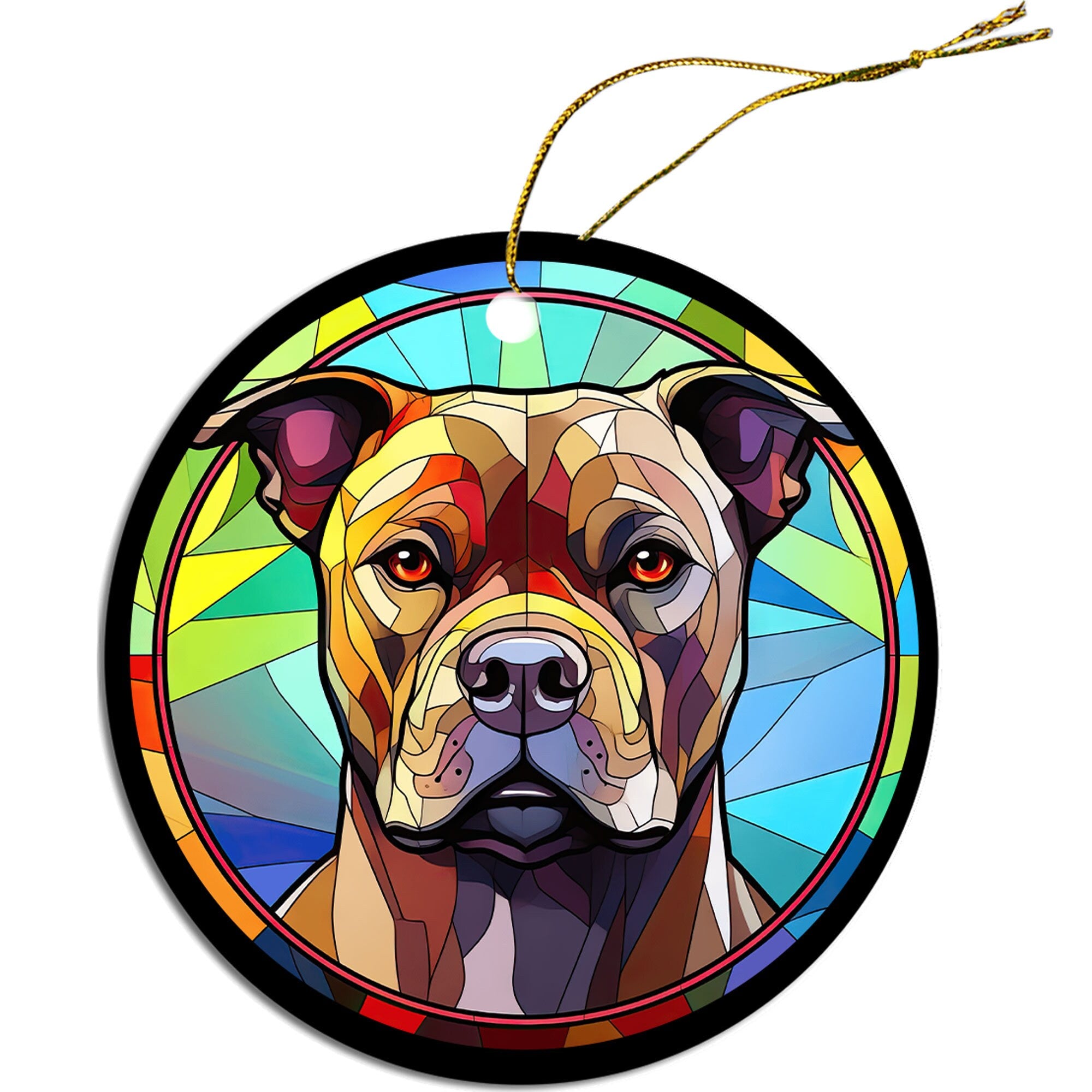 Stained glass style Christmas ornament featuring a Staffie dog breed, handmade ceramic with golden string.