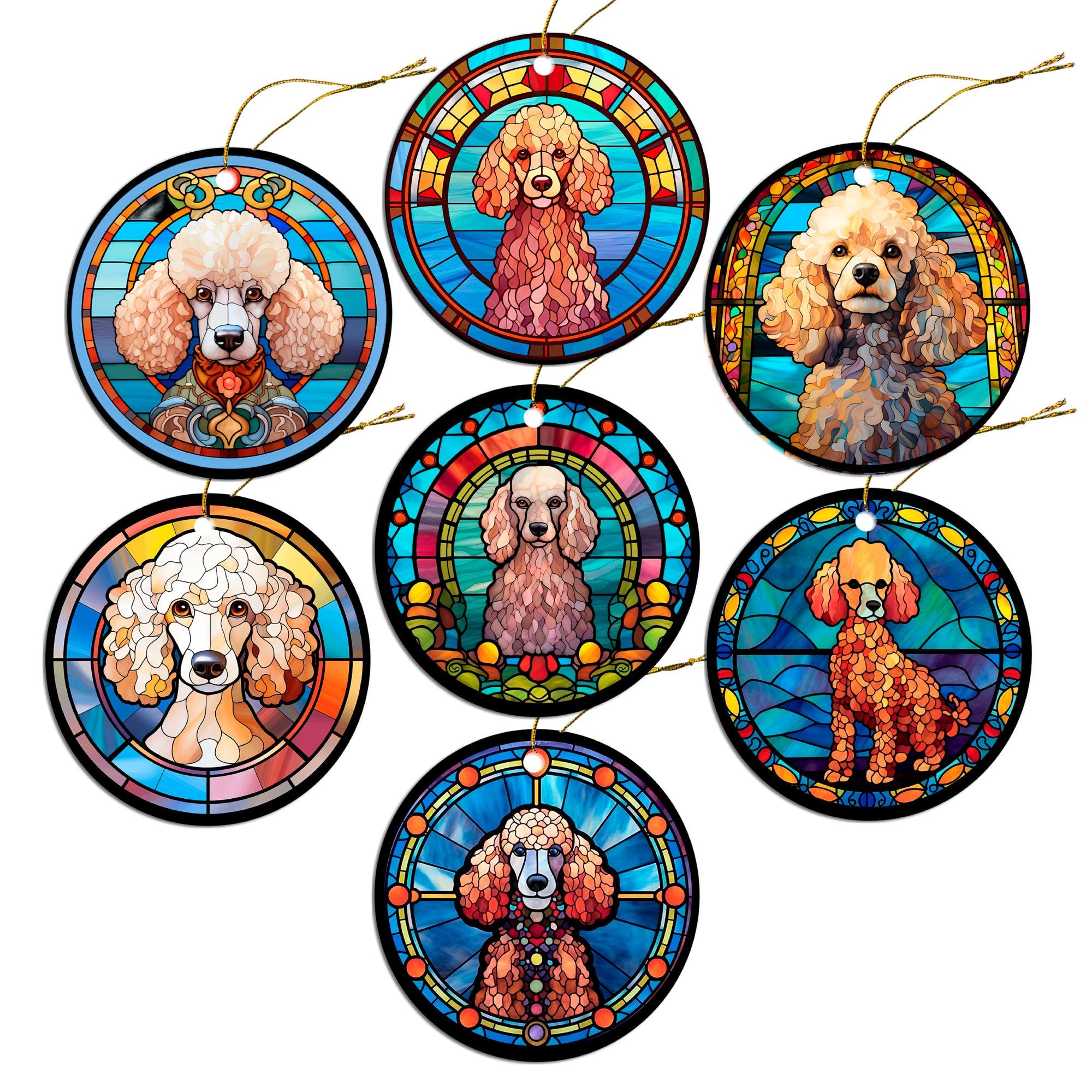 Stained glass style Christmas ornament featuring a Toy Poodle design, elegantly crafted from ceramic with a golden string.