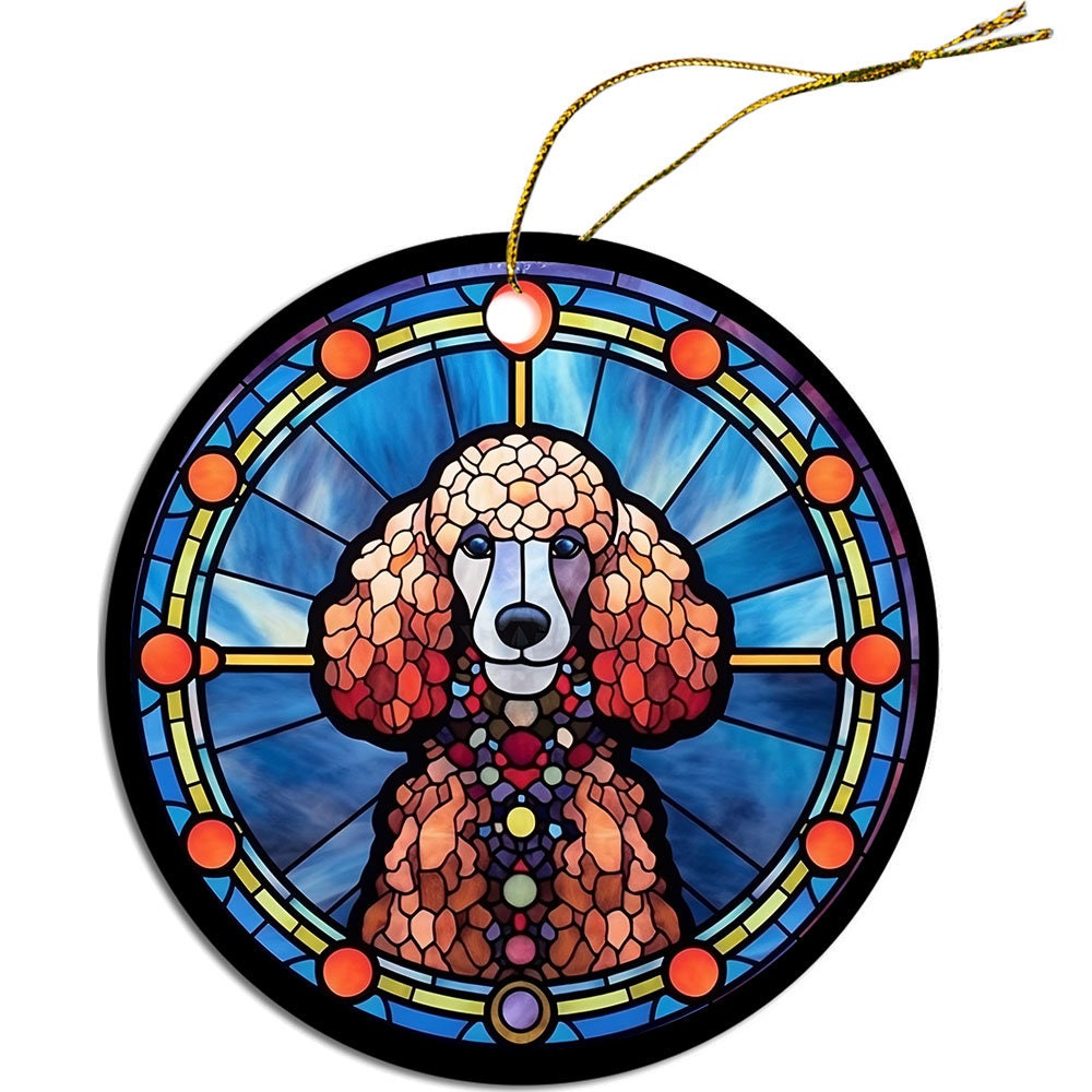 Stained glass style Christmas ornament featuring a Toy Poodle design, elegantly crafted from ceramic with a golden string.