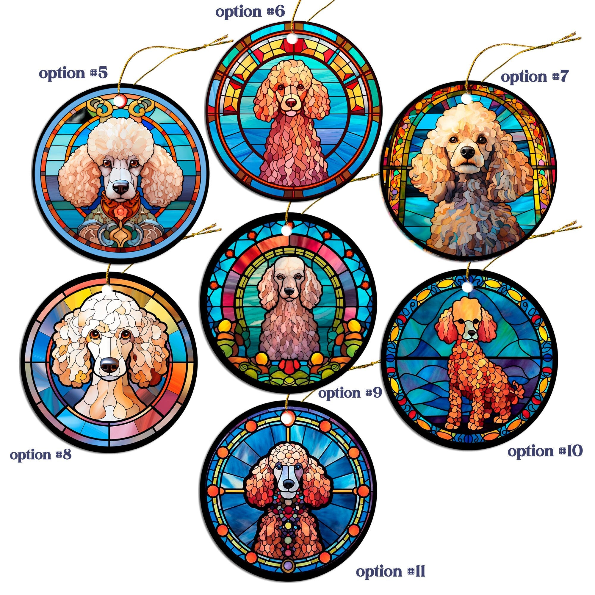 Stained glass style Christmas ornament featuring a Toy Poodle design, elegantly crafted from ceramic with a golden string.