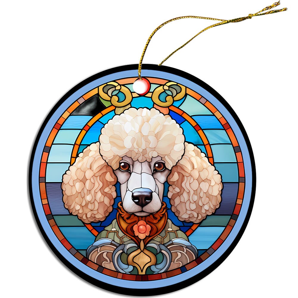Stained glass style Christmas ornament featuring a Toy Poodle design, elegantly crafted from ceramic with a golden string.