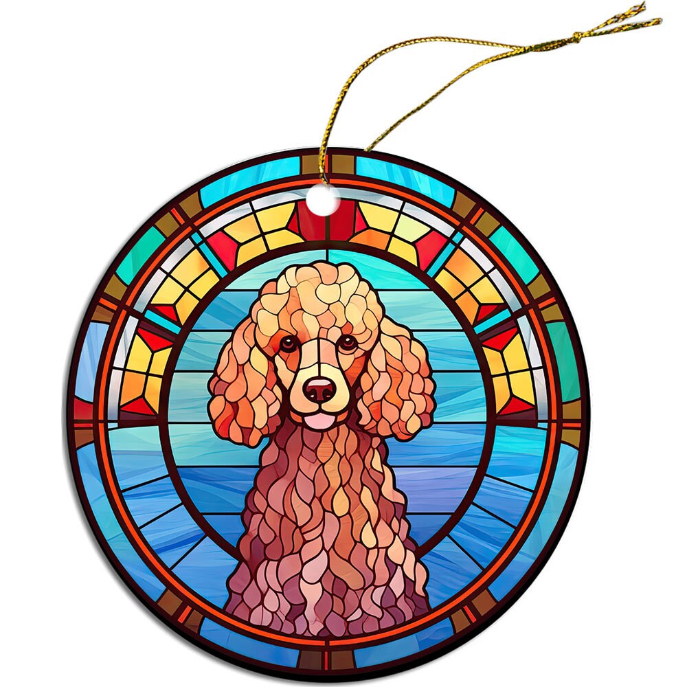 Stained glass style Christmas ornament featuring a Toy Poodle design, elegantly crafted from ceramic with a golden string.