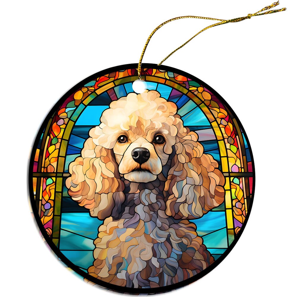 Stained glass style Christmas ornament featuring a Toy Poodle design, elegantly crafted from ceramic with a golden string.