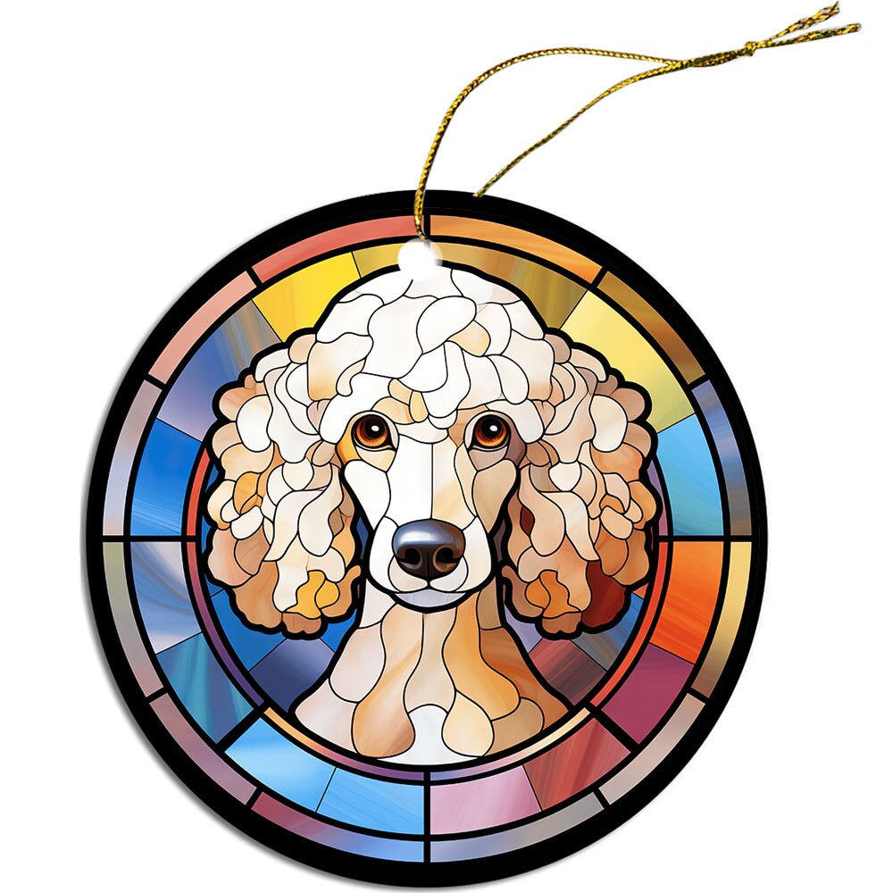 Stained glass style Christmas ornament featuring a Toy Poodle design, elegantly crafted from ceramic with a golden string.