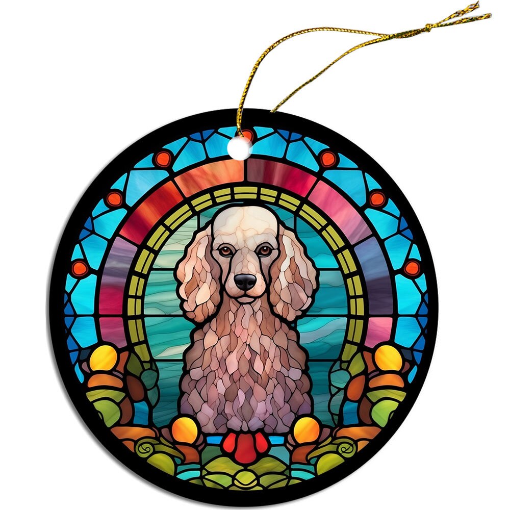 Stained glass style Christmas ornament featuring a Toy Poodle design, elegantly crafted from ceramic with a golden string.