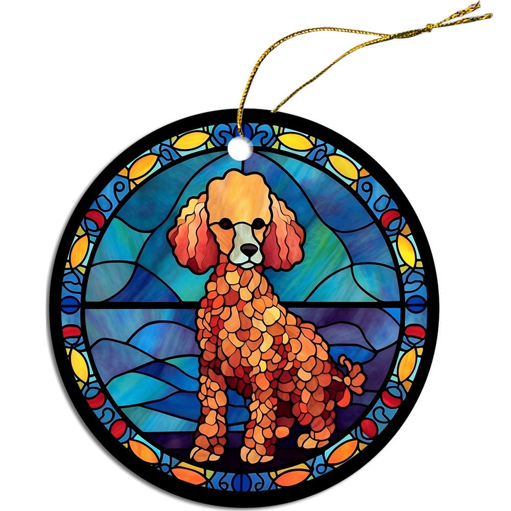 Stained glass style Christmas ornament featuring a Toy Poodle design, elegantly crafted from ceramic with a golden string.
