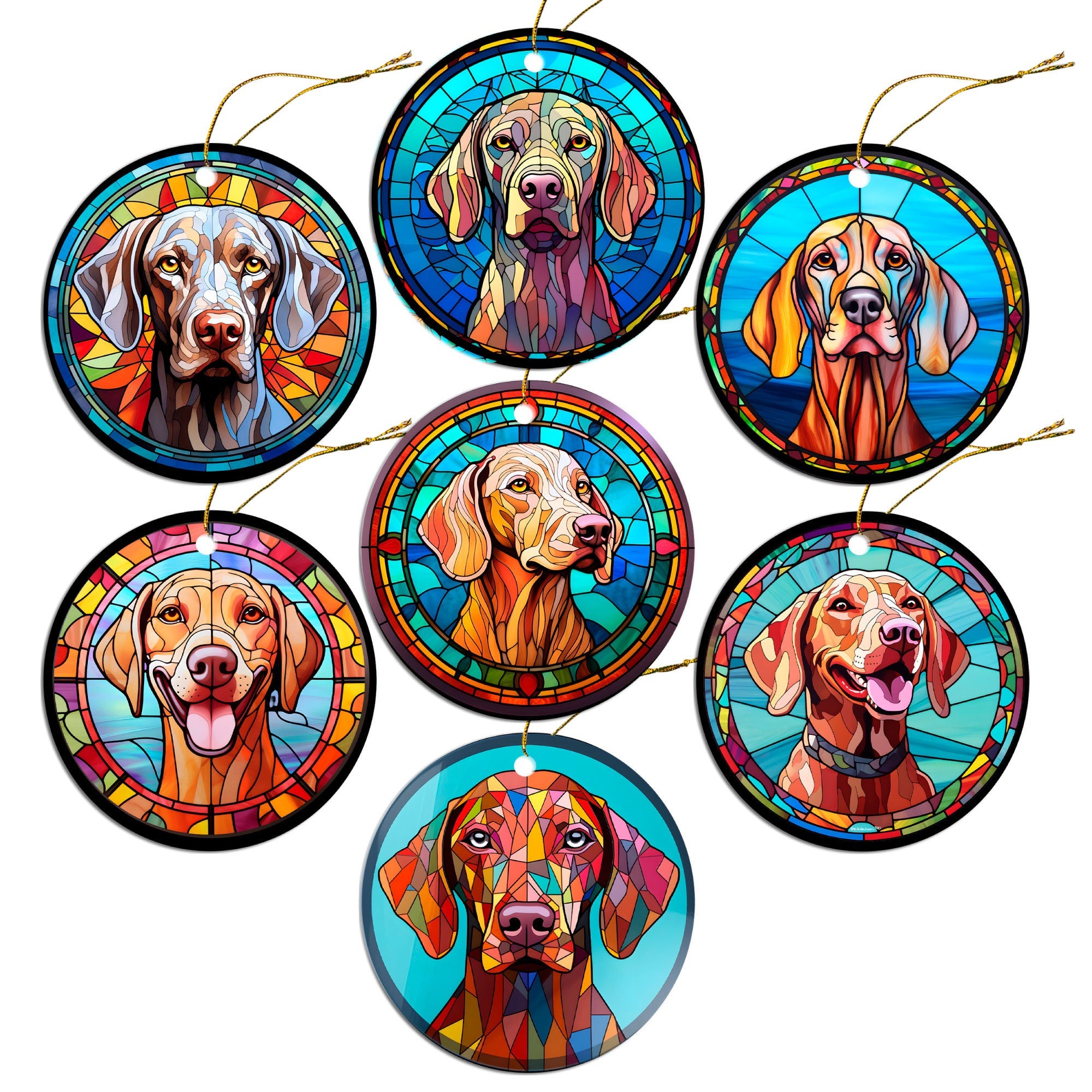 Stained glass style Christmas ornament featuring a Weimaraner dog, elegantly designed with vibrant colors and a golden string.