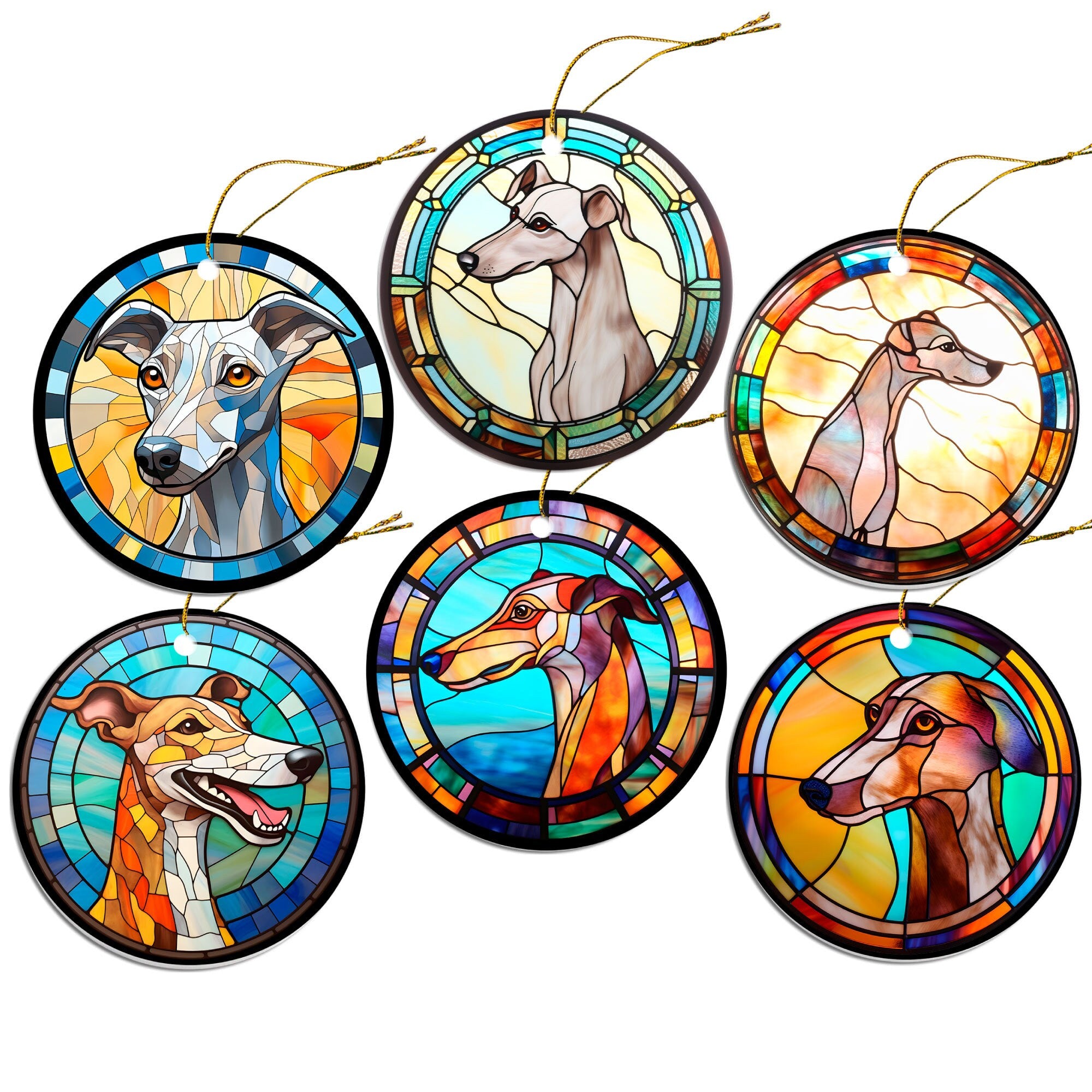 Stained glass style Christmas ornament featuring a Whippet dog breed, round ceramic design with golden string.