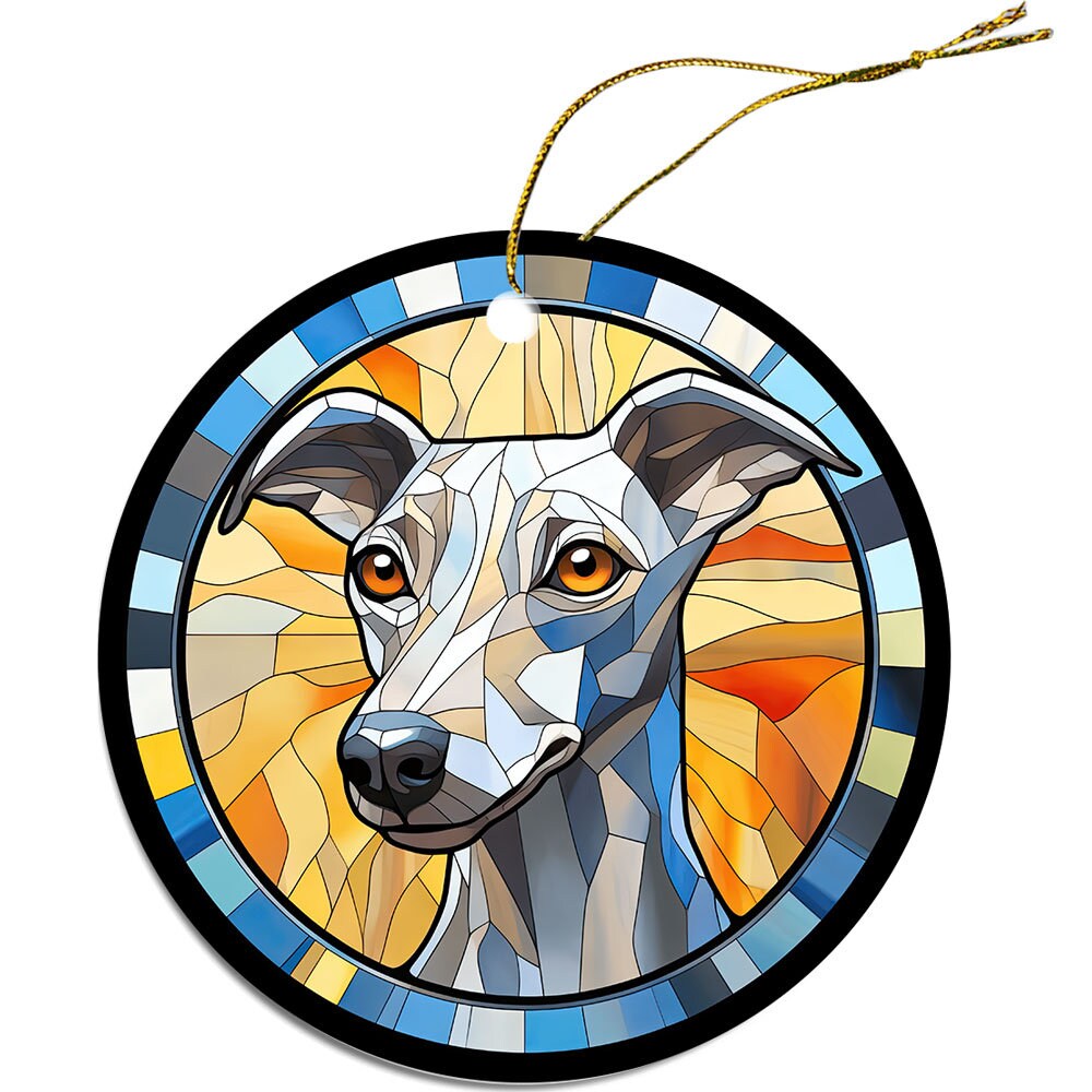 Stained glass style Christmas ornament featuring a Whippet dog breed, round ceramic design with golden string.