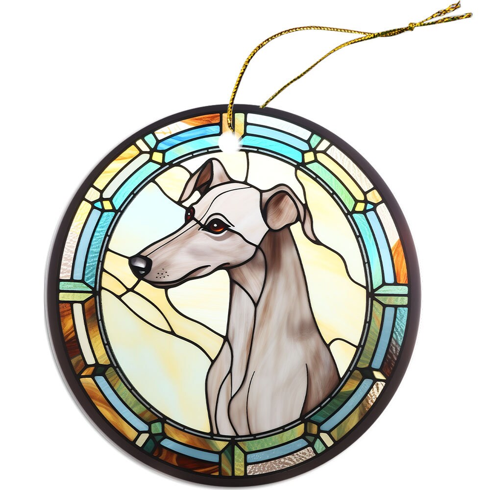 Stained glass style Christmas ornament featuring a Whippet dog breed, round ceramic design with golden string.