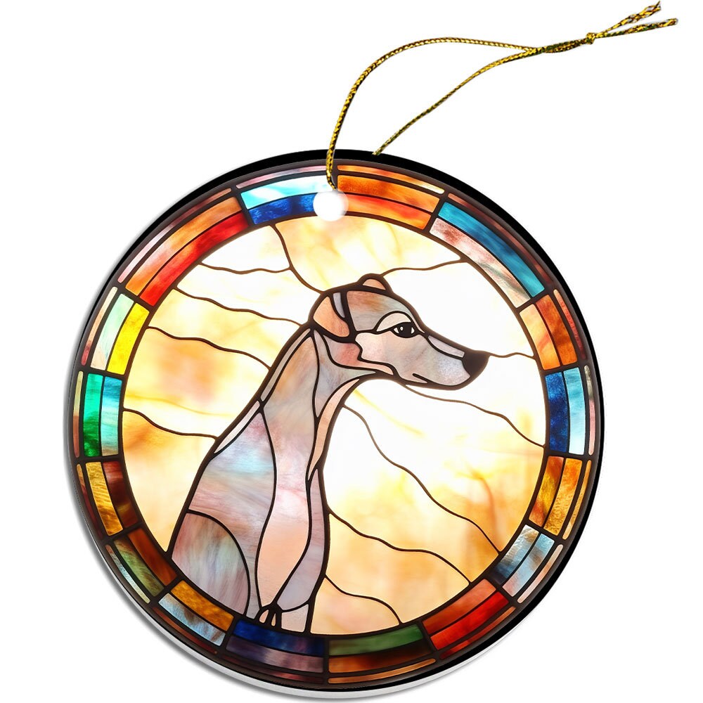 Stained glass style Christmas ornament featuring a Whippet dog breed, round ceramic design with golden string.